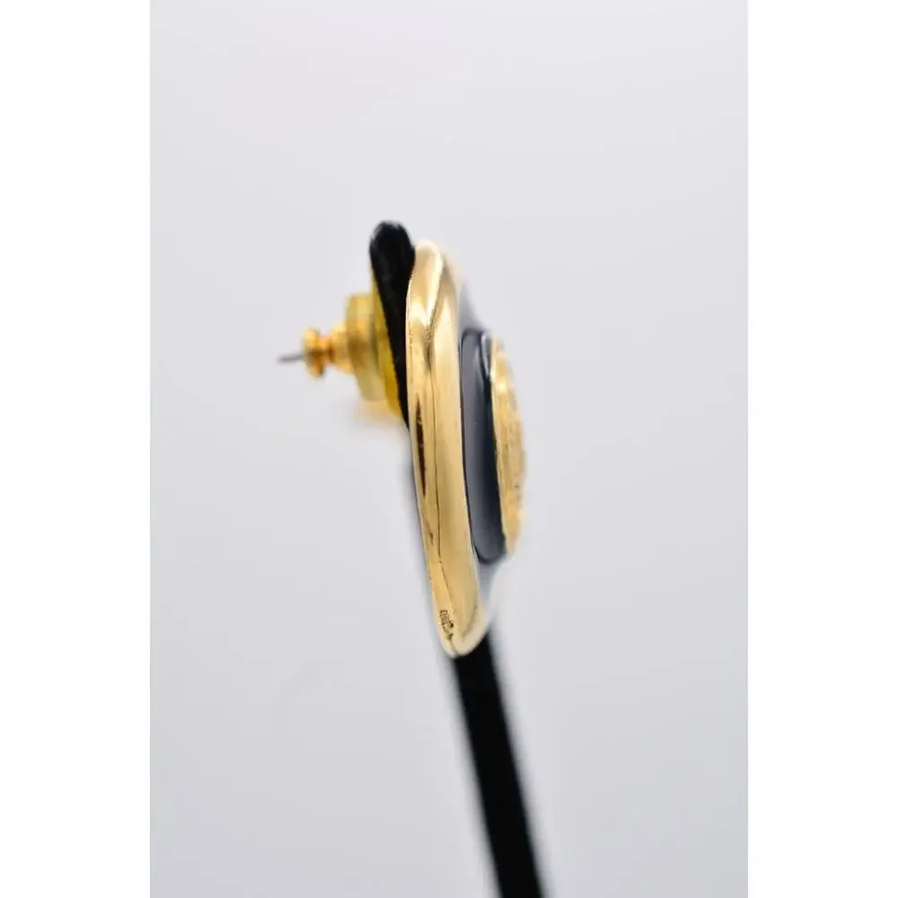 Liz Claiborne Vintage Earrings Gold Coin Chunky Black Logo LCI Signed 90s 9L